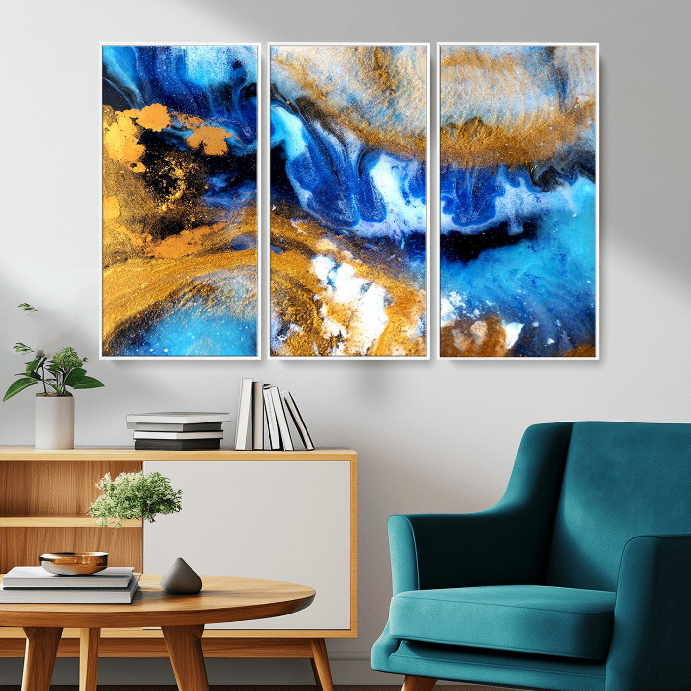42100-MGV-CV-36X24-Blue Orange Marble Fluid Effect Canvas Wall Art Print