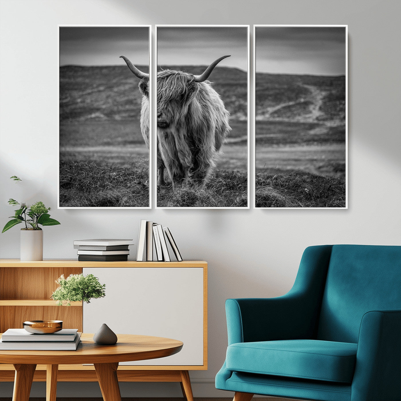 42995-MGV-FC-48X32-3P_White-Fluffy Cattle Wall Art Print, Highland Cow Canvas, Framed Black and white Wall Art