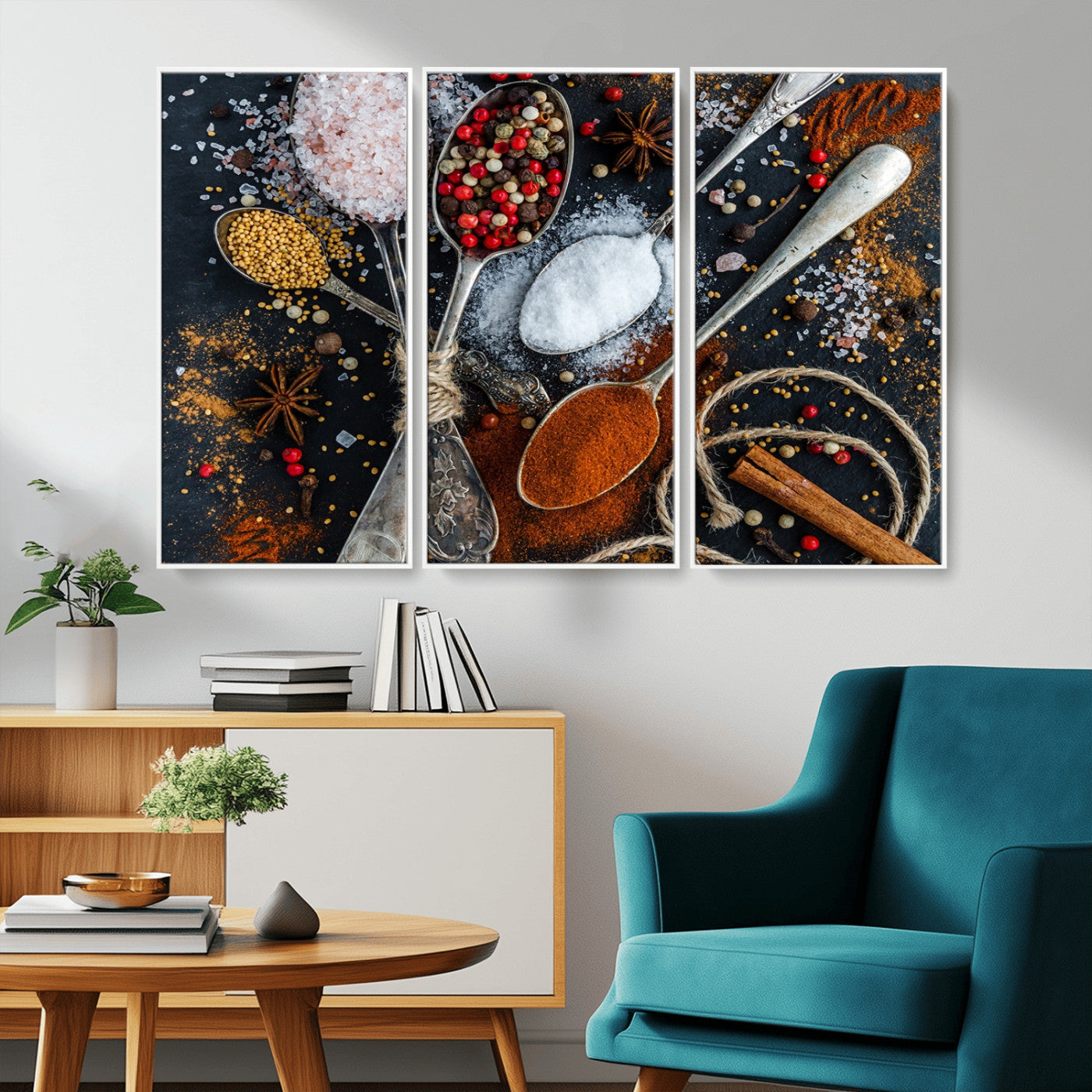 -Spices and Seasonings Canvas Wall Art – Colorful Triptych Kitchen Decor – Culinary Art for Dining
