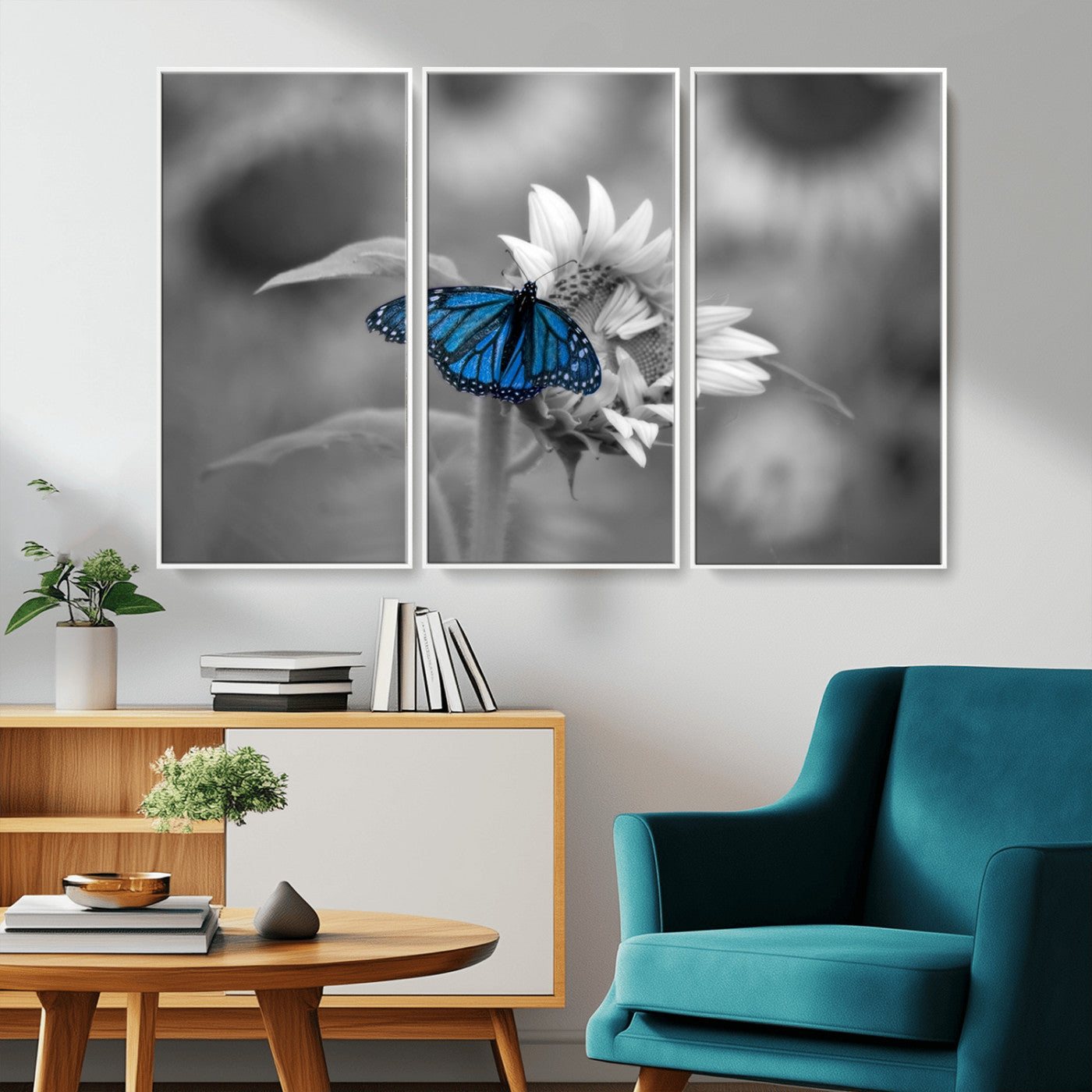 -Blue Butterfly Black and White Canvas Wall Art