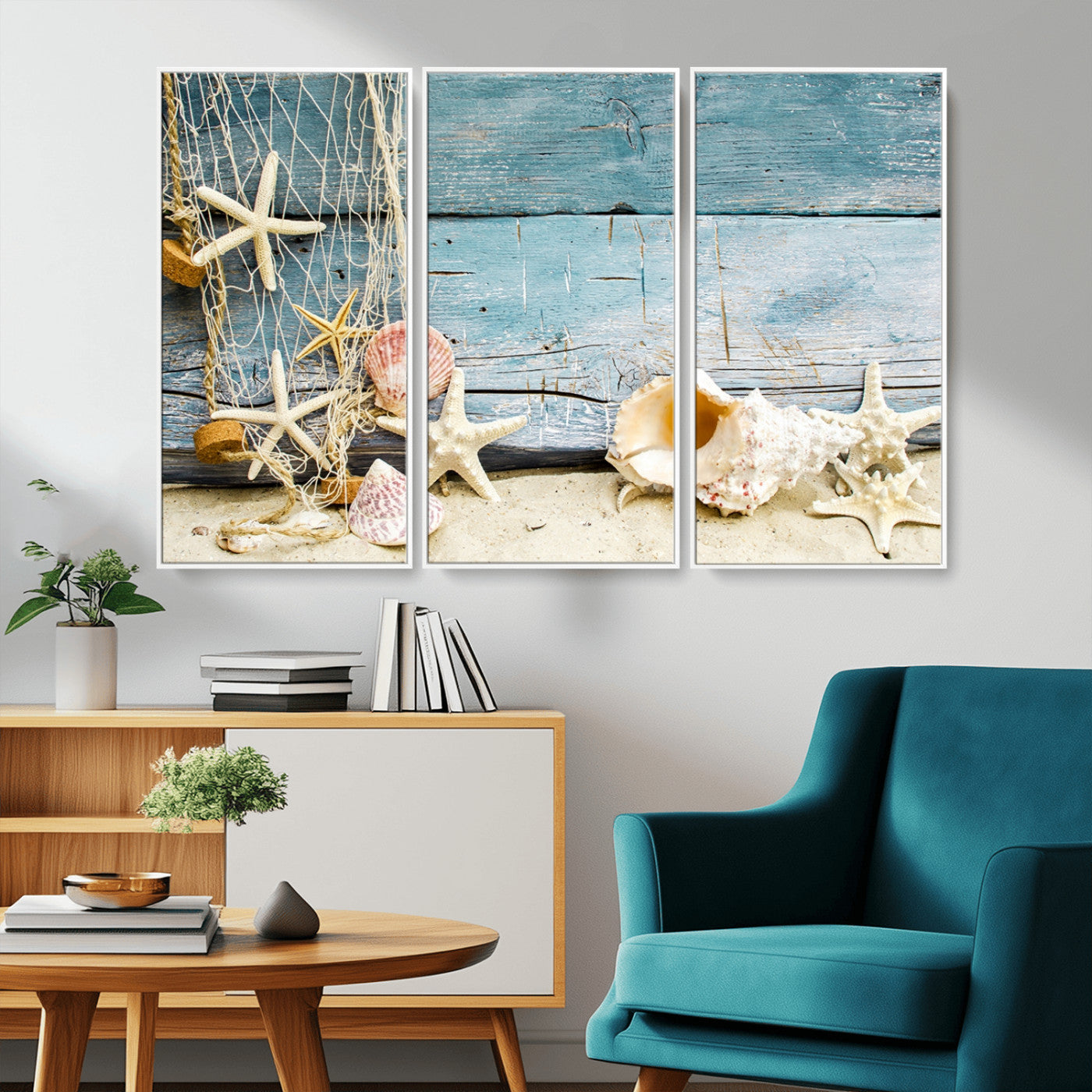 -Seashells on Rustic Wooden Background, Seashells Wall Art Canvas Print