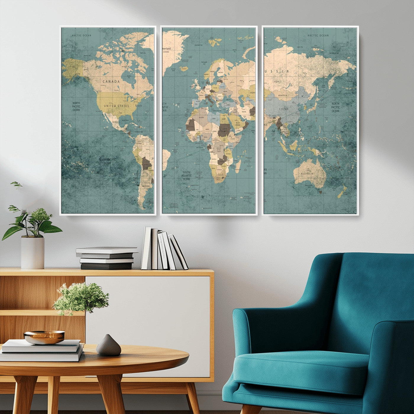 -Classic World Map Canvas Print – Framed Vintage Map Wall Art, Retro Atlas Design for Rustic Explorer or Study Room Decor