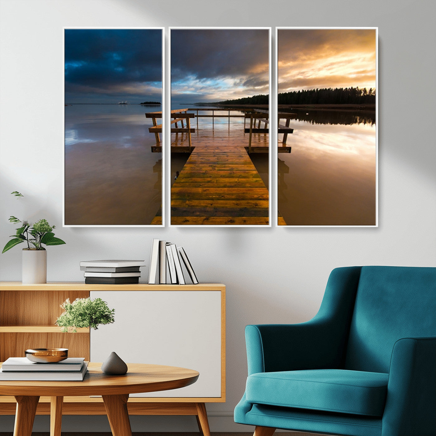 -Serene Lake Pier at Sunset Canvas Print | Landscape Canvas Print | Ready to Hang and Framed Wall Art