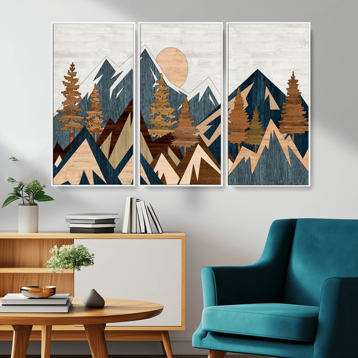 91467-MGV-FC-48X32-3P_White-Abstract Wood Panel Effect Mountain Range Top Wall Art Canvas Print
