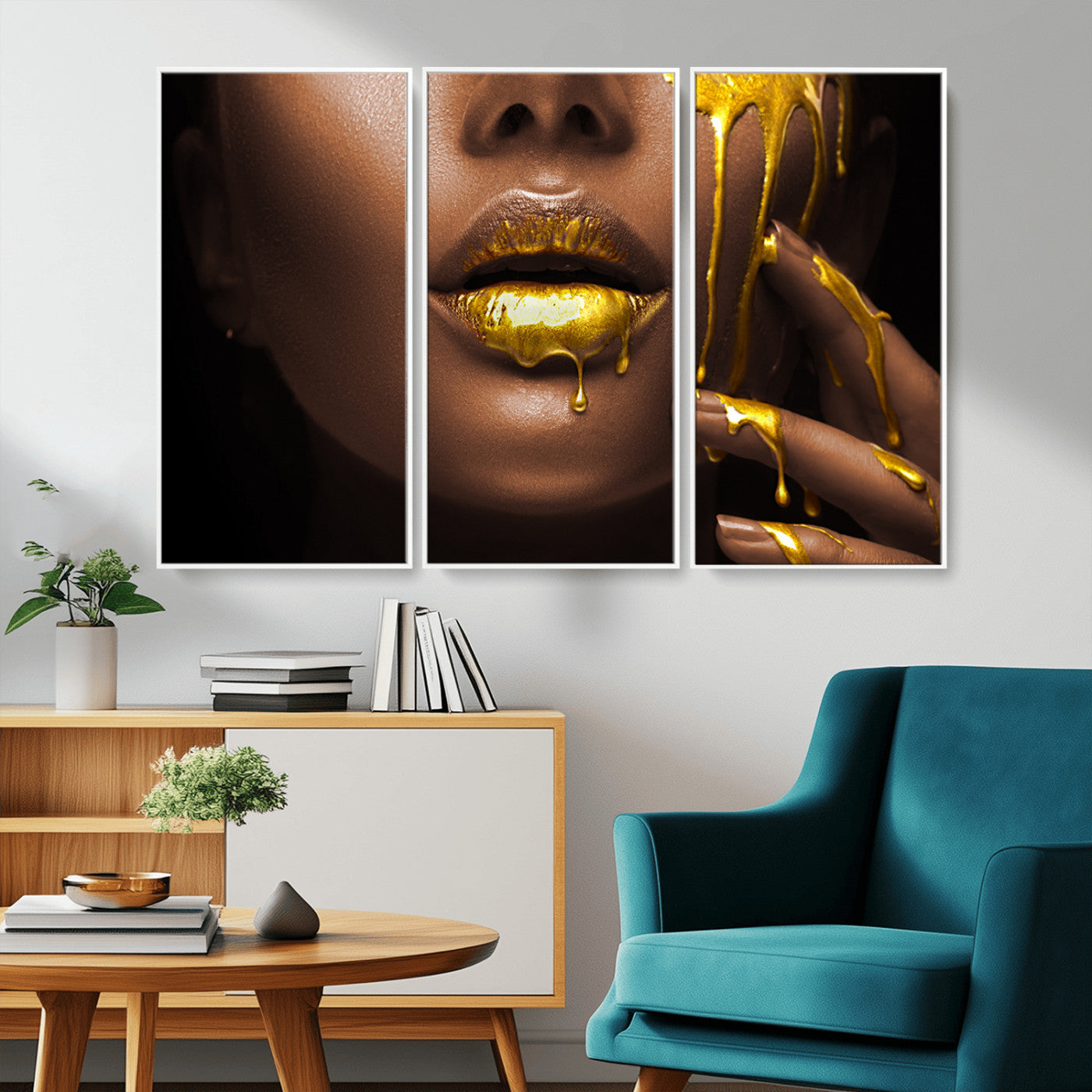 35346-MGV-FC-48X32-3P_White-African American Art Black Woman Canvas Print, African Wall Art, Fashion African Woman Gold Lips