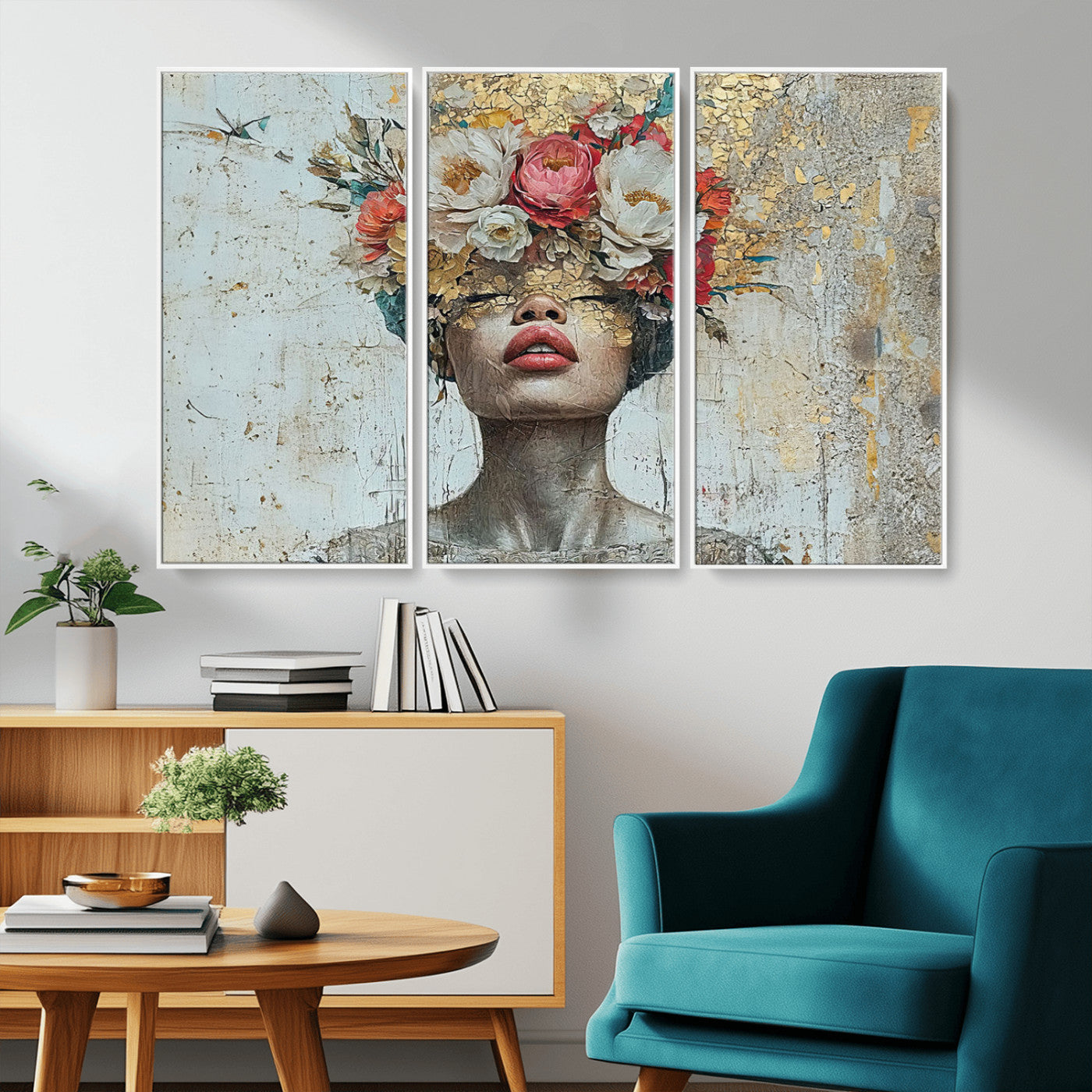 26919-MGV-FC-48X32-3P_White-Golden Petal Wall Art Canvas Print - Silhouette Woman Wall Art Canvas Print, Floral Woman Portrait