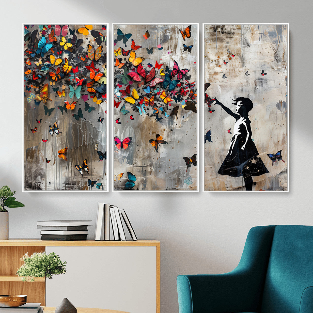 40269-MGV-CV-36X24 - Banksy Wall Art - Banksy Girl and Butterfly Explosion Wall Art Canvas Print | Girl with Butterflies