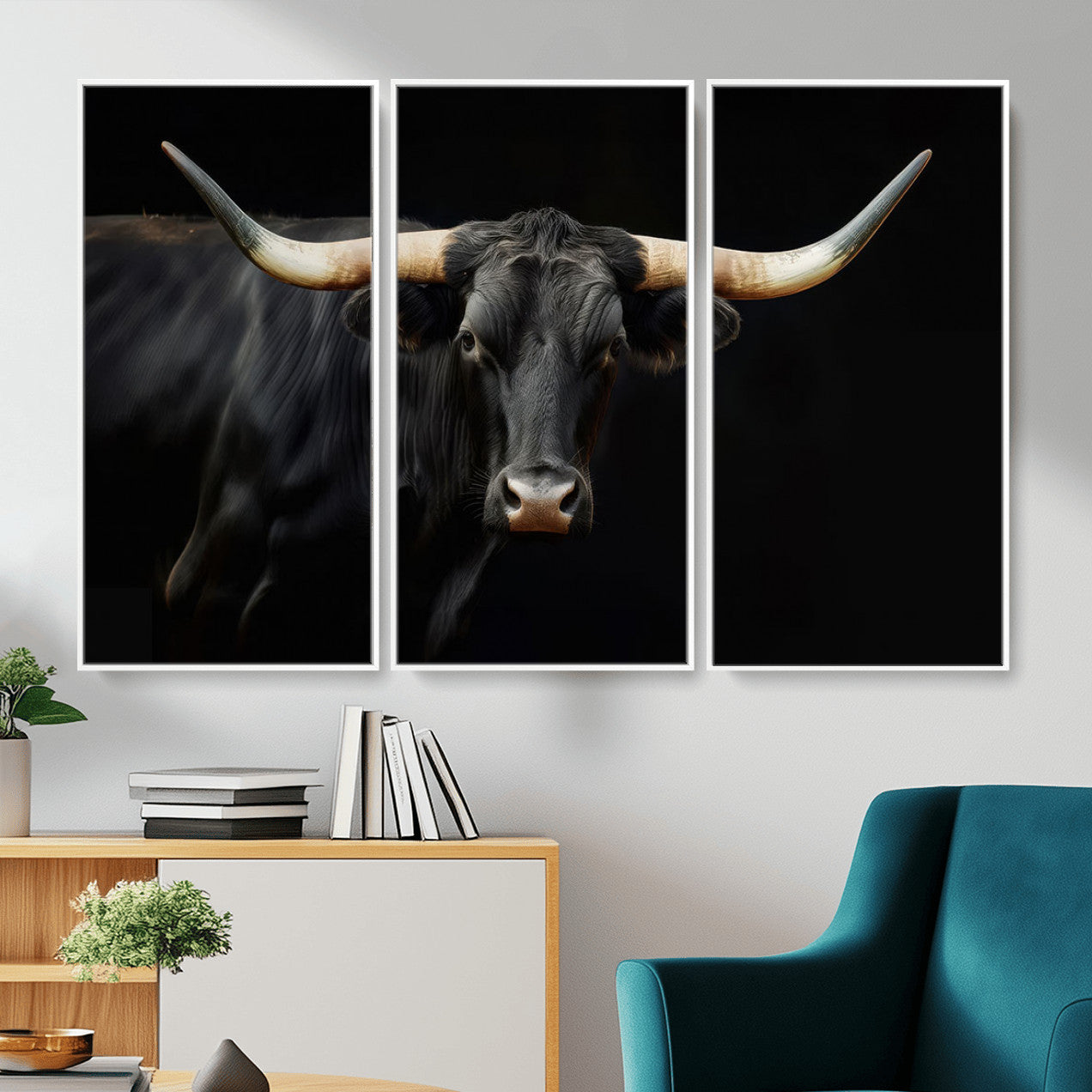 63798-MGV-CV-36X24 - Texas Longhorn Cow | Majestic Black Bull Wall Art Canvas Print - Farmhouse Animal Decor - Ready to