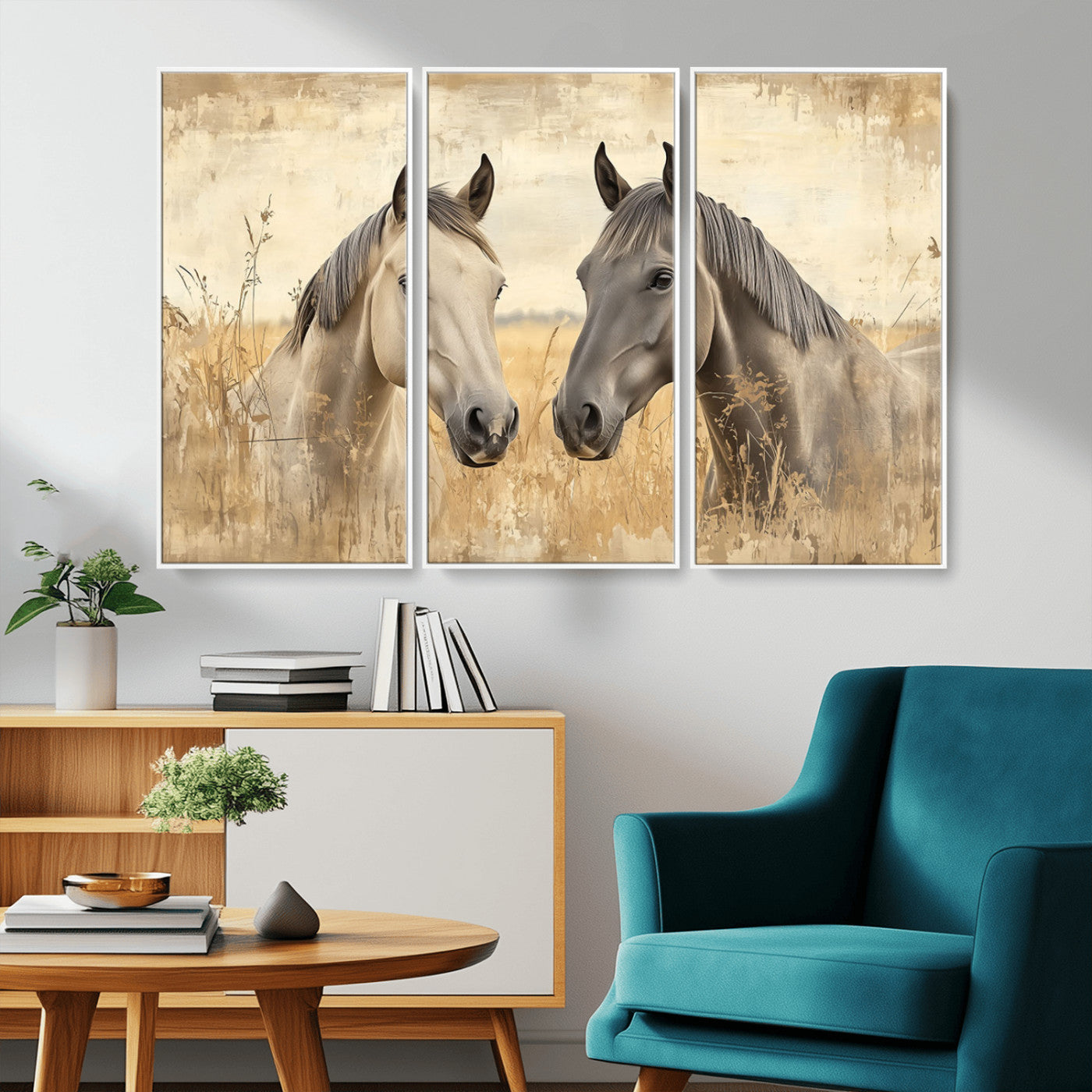 -Chines Ink Style Grunge Horses Wall Art Canvas Print