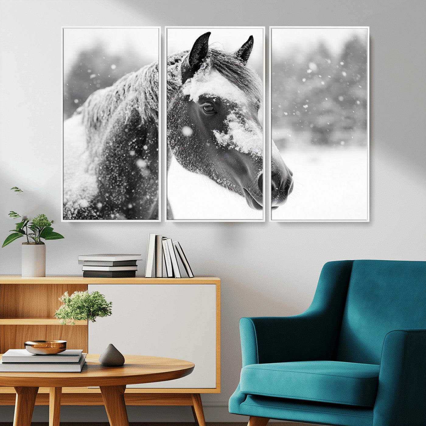 -Black Horse Winter Wall Art | Ready to Hang and Framed | Farmhouse and Western Wall Decor for Living