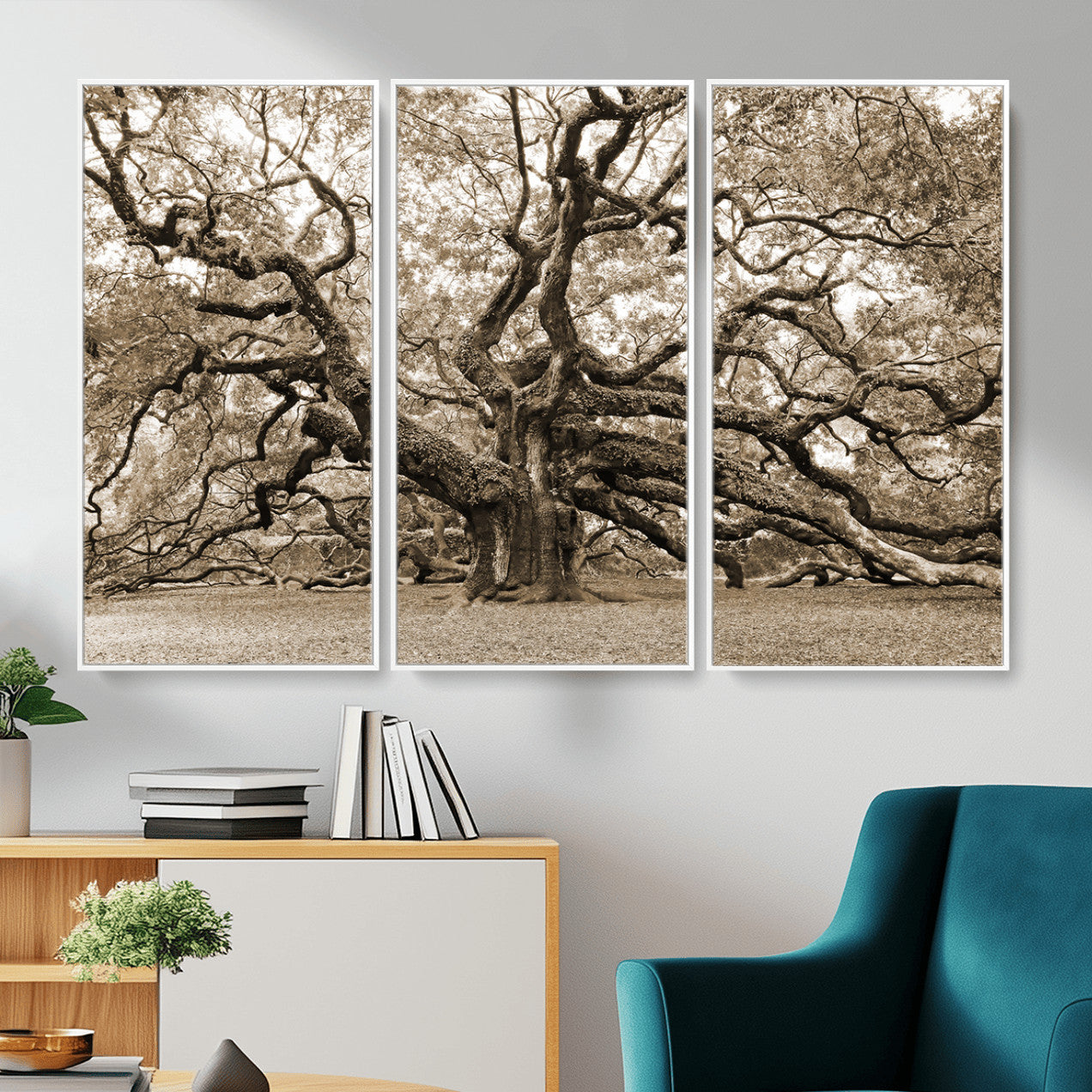51126-MGV-CV-36X24 - Sepia Framed Angel Oak Tree Wall Art - 3-Panel Canvas Prints, Large Green Nature Artwork, Ready to