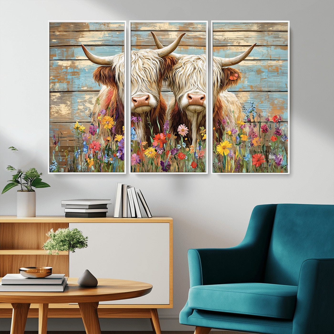 -Cute Highland Cow Canvas Wall Art - Rustic Farmhouse Decor with Colorful Flowers Perfect Wall Art