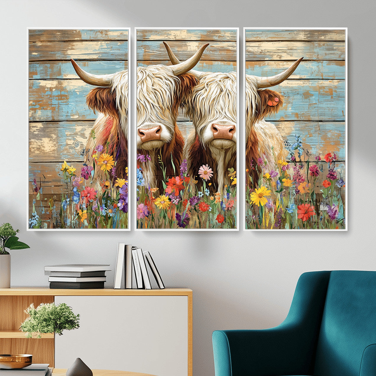 36972-MGV-CV-36X24 - Cute Highland Cow Canvas Wall Art - Rustic Farmhouse Decor with Colorful Flowers Perfect Wall Art
