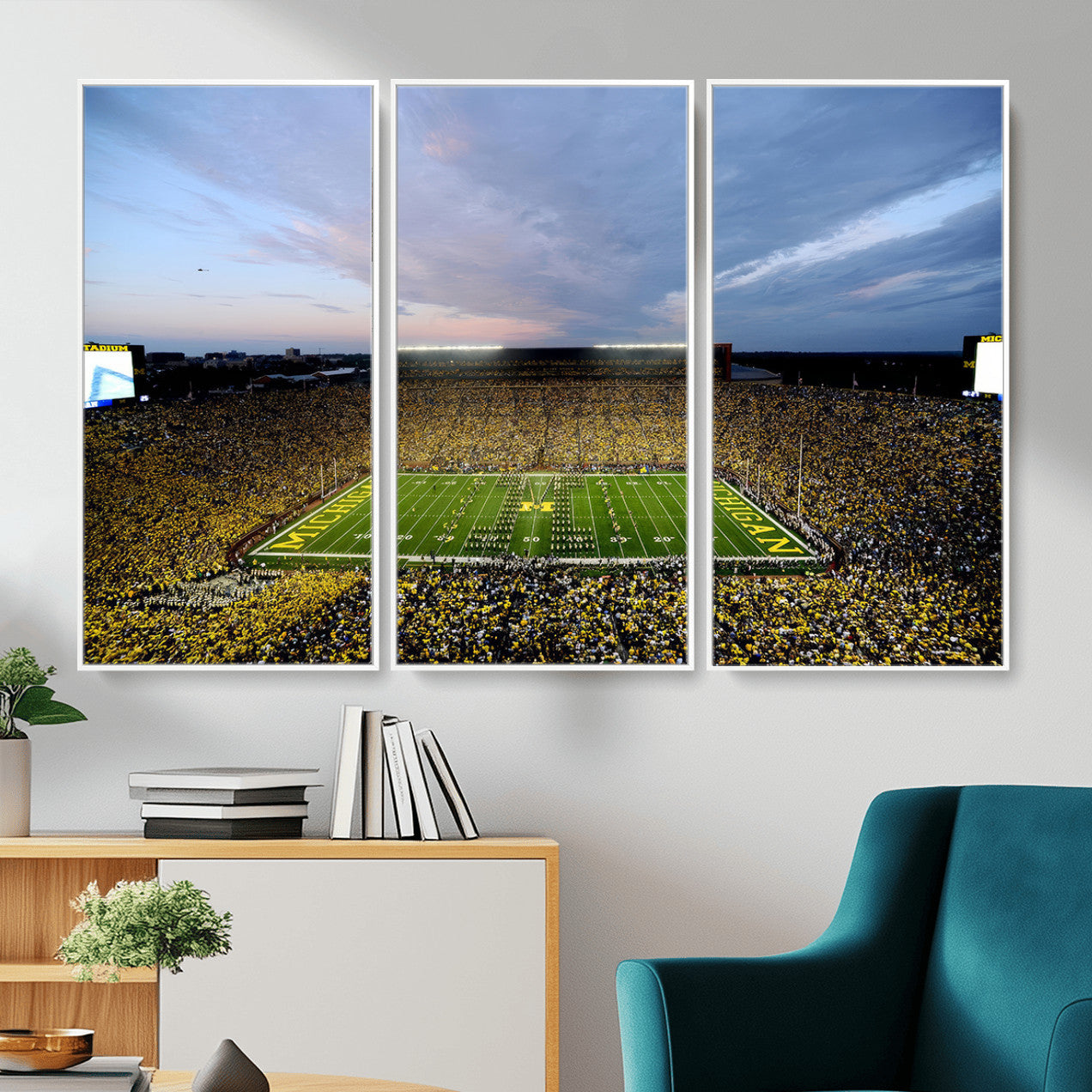 82641-MGV-FC-48X32-3P - Michigan Stadium Wall Art Canvas Print, Vibrant Game Day Crowd and Sunset Sky Football Field Artwork for Home, Office