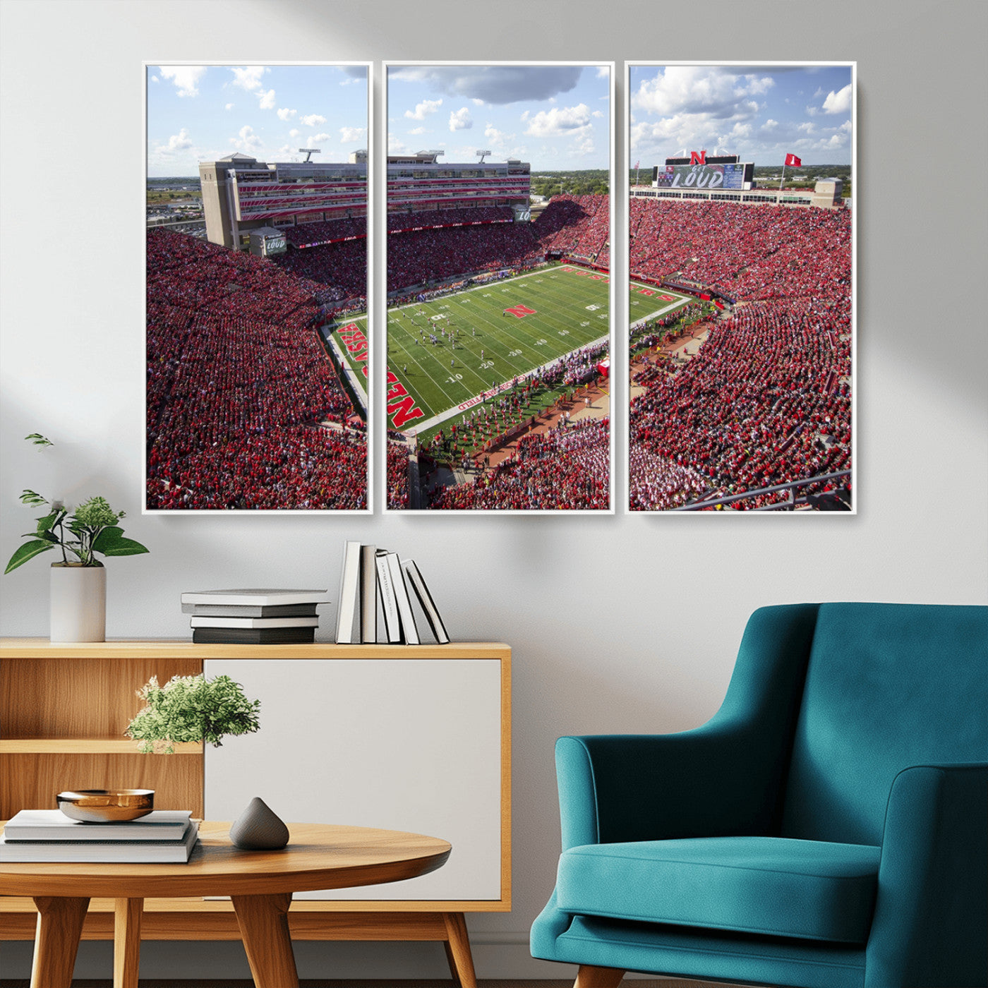 84975-MGV-FC-48X32-3P_White-University of Nebraska Cornhuskers Football Team Print - Lincoln Memorial Stadium Wall Art Canvas