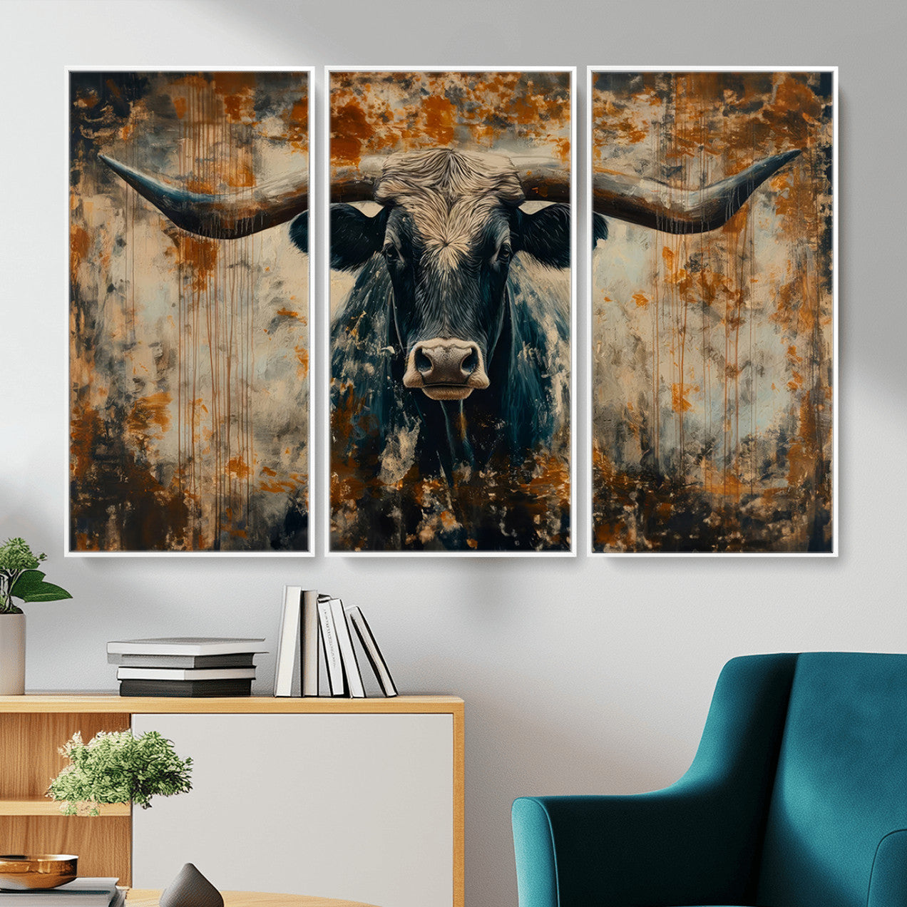 85913-MGV-CV-36X24 - Abstract Longhorn Bull Wall Art | Rustic Western Wall Decor | Framed and Ready to Hang | Ideal for