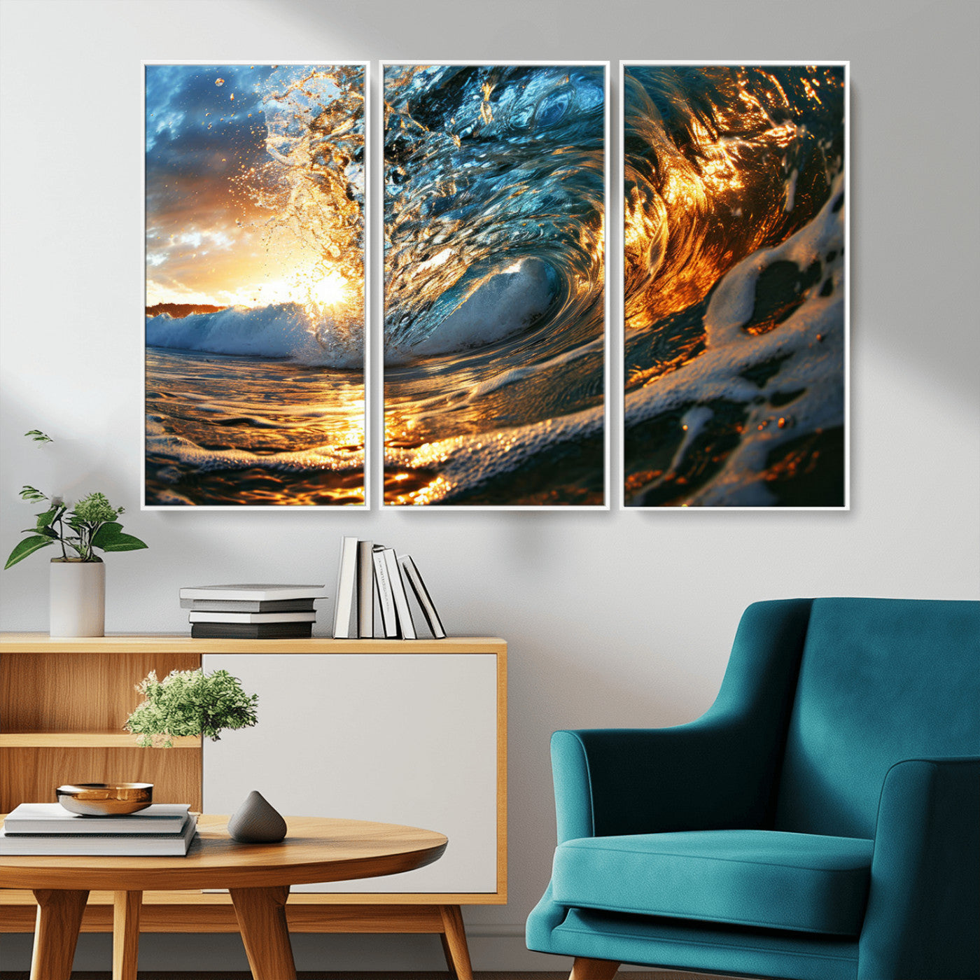 41370-MGV-FC-48X32-3P_White-Ocean Wave at Sunset Canvas Wall Art – Vibrant Coastal Beach Waves Print, Large Nautical Decor,