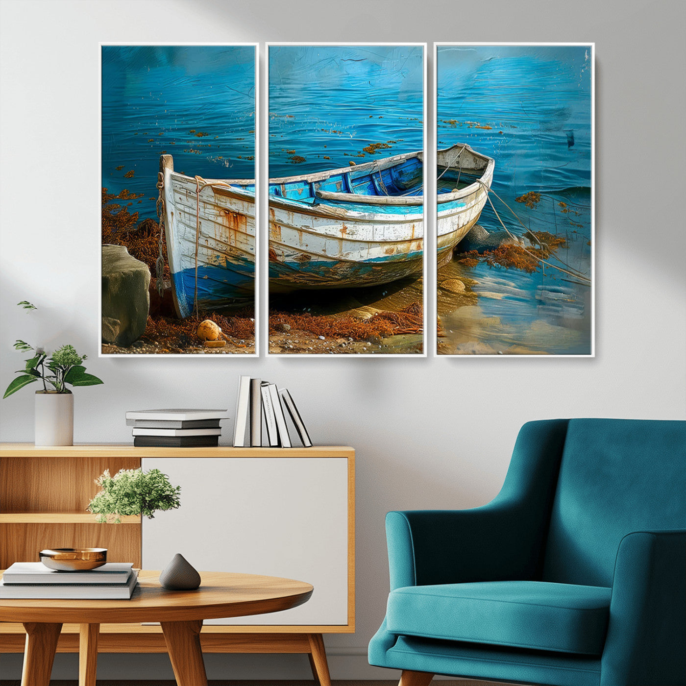 54716-MGV-CV-36X24-Vintage Boat on Tranquil Waters | Coastal Wall Art for Nautical Decor | Rustic Triptych Canvas Print