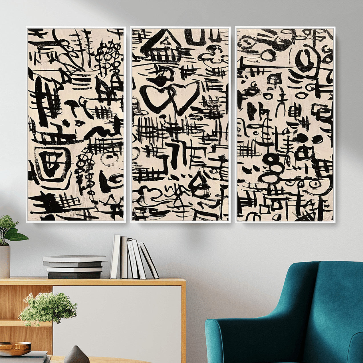 68273-MGV-FC-48X32-3P - Abstract Love and Chaos Canvas Print, Black Symbols on Beige
