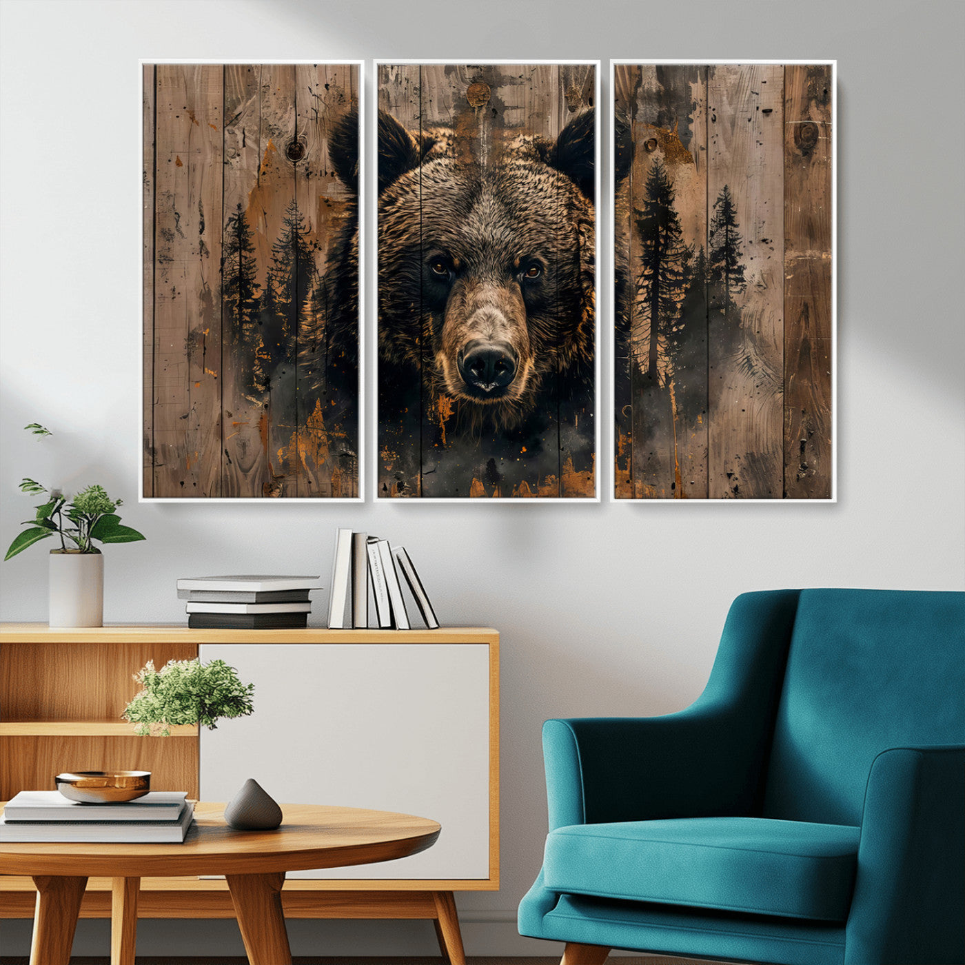 76998-MGV-FC-48X32-3P_White-Rustic Grizzly 399 Wall Art | Triptych Canvas Print | Rustic Cabin Wall Decor | Perfect for
