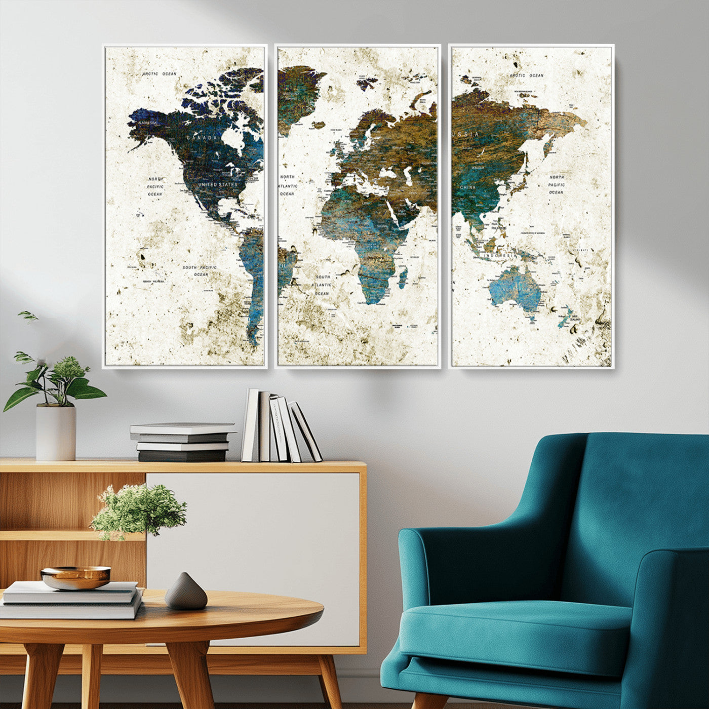 89176-MGV-CV-36X24-Vintage Blue and Brown World Map Canvas Wall Art – Framed Rustic Map Print, Earth Tone Travel Decor for Stylish Home and Office Walls
