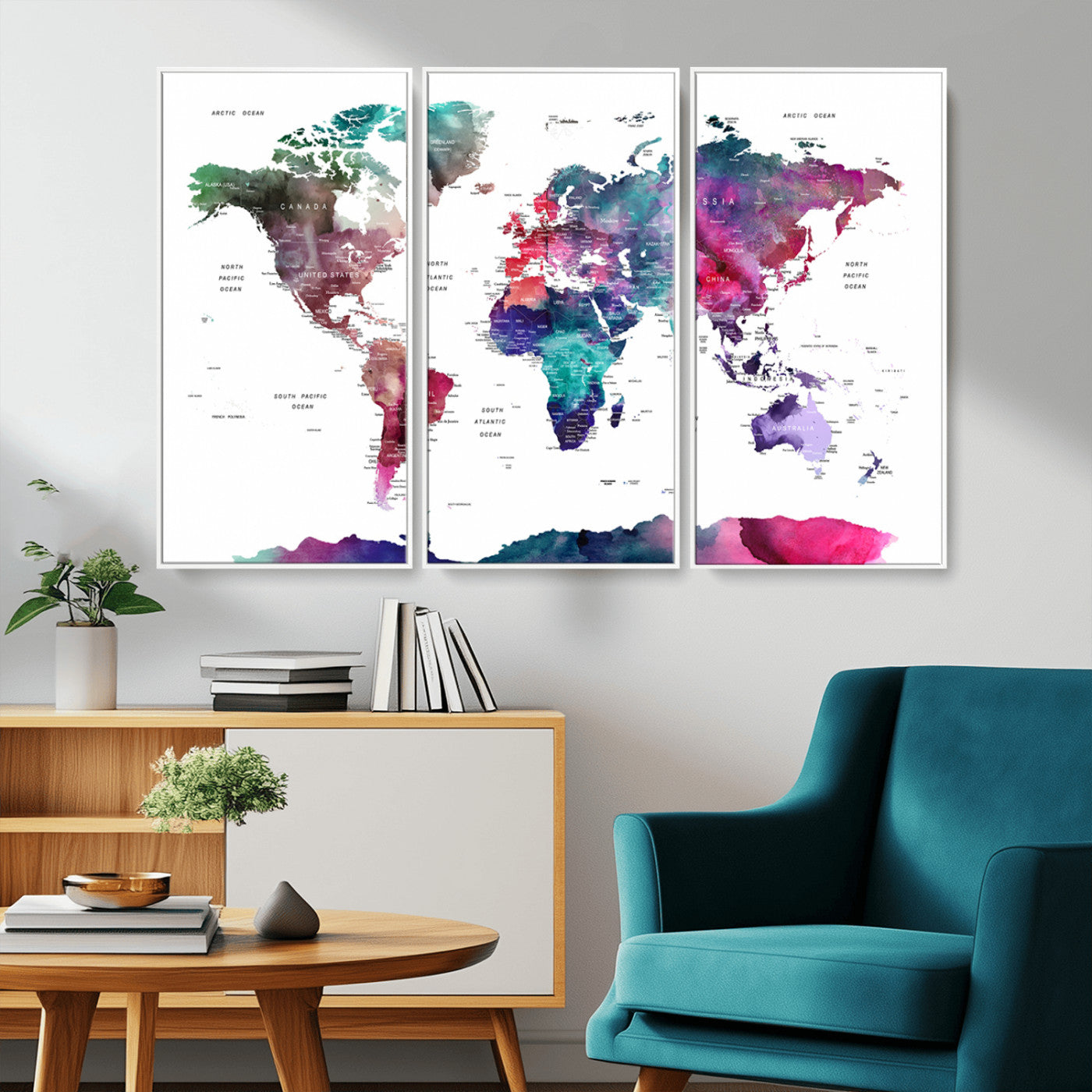 78176-MGV-CV-36X24-Colorful Watercolor World Map Canvas Wall Art – Framed Modern Map Print, Vibrant Travel Inspired Artwork for Home and Office Decor