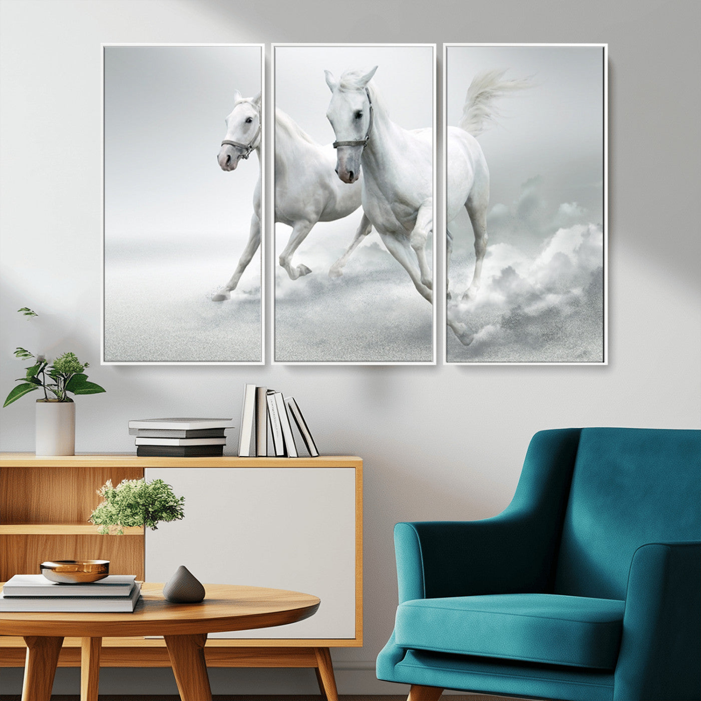 -Large Wall Art Canvas Print – Beautiful Running White Horses Animal Artwork for Home, Office, Living Room