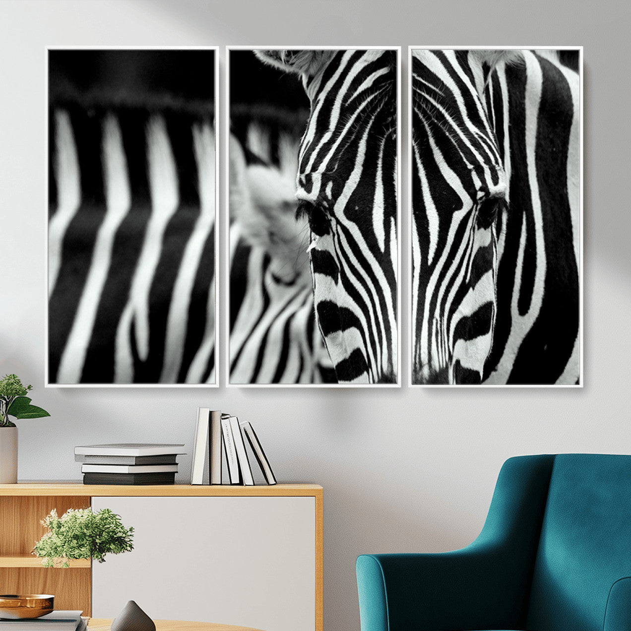 MGV-FC-48X32-3P - Zebra Wall Art – Close Up Black and White Animal Print, Bold Safari Decor for Living Room, Office, or Bedroom