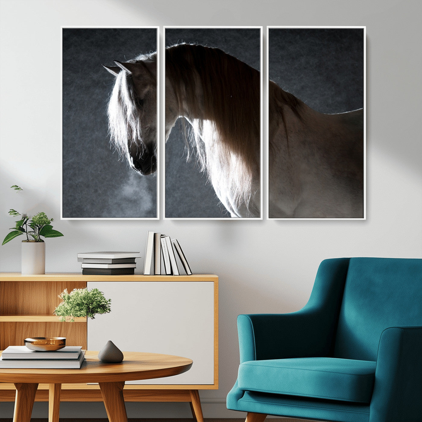 -Large Wall Art Cream Colored Horse on Grey Background Canvas Print
