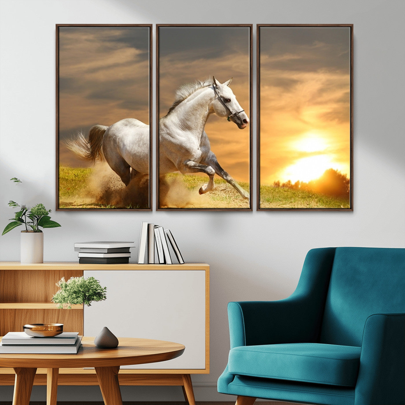 27413-MGV-FC-48X32-3P_Walnut-Large Wall Art Galloping White Horse at Sunset Canvas Print