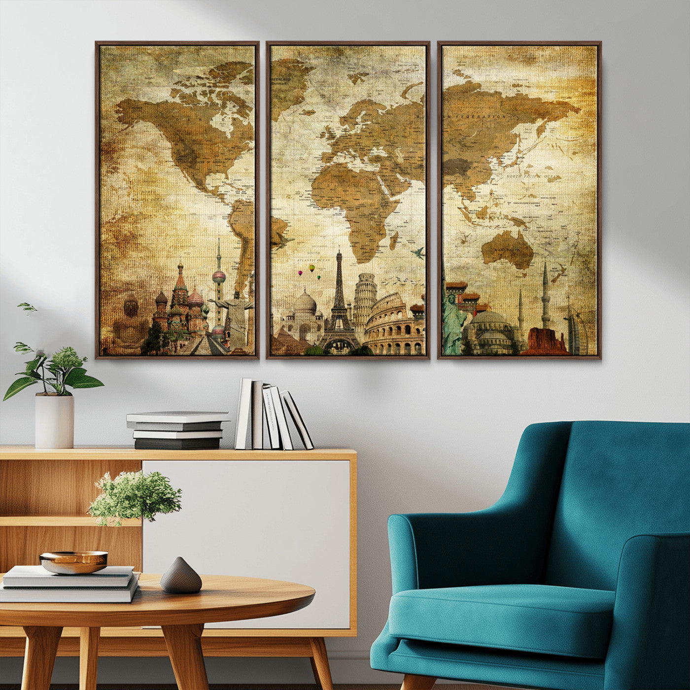 -Vintage World Map Canvas Wall Art – Framed Push Pin Travel Map with Famous Landmarks, Rustic Home and Office Decor Artwork for Travelers
