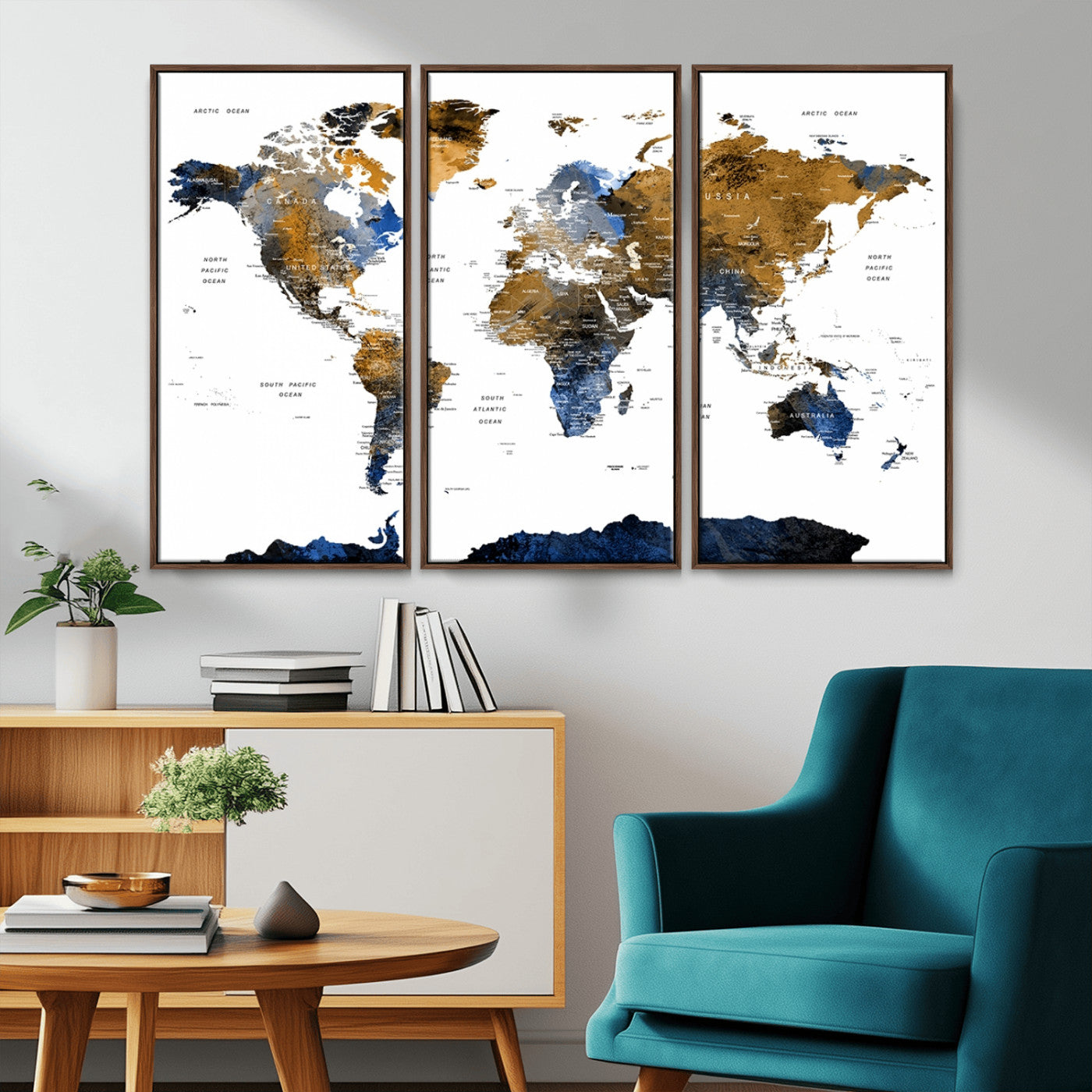56231-MGV-CV-36X24-Navy and Gold World Map Canvas Wall Art – Framed Modern World Map Print, Elegant Travel Inspired Artwork for Home and Office Decor