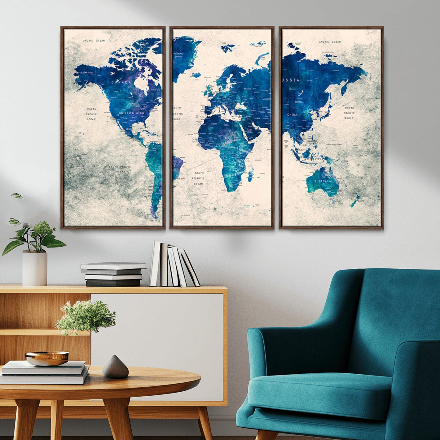 43947-MGV-CV-36X24-Blue Watercolor World Map Canvas Print – Framed Modern Wall Art, Elegant Push Pin Travel Map Decor for Home Office or Living Room