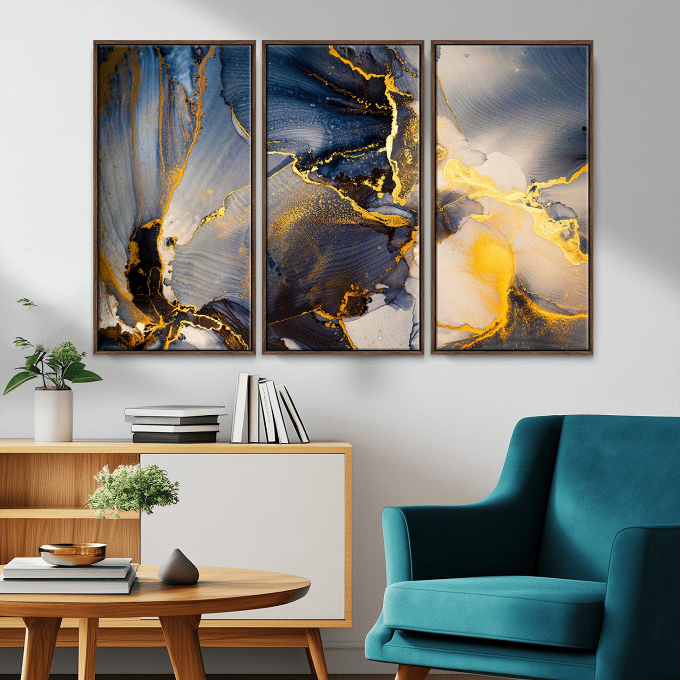 42100-MGV-CV-36X24-Large Abstract Wall Art Print - Gold and Blue Abstract Canvas Wall Art | Fluid Ink Modern Luxury