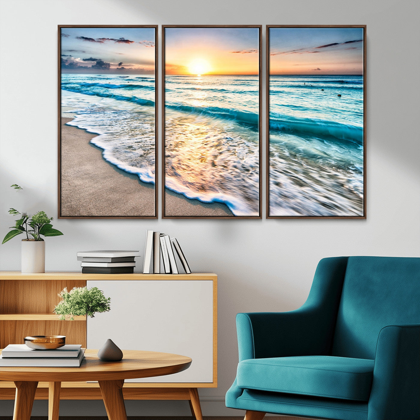 27815-MGV-CV-36X24-Sunset Beach Waves Canvas Wall Art – 5-Panel Ocean Sunset Print – Coastal Decor for Living Room or