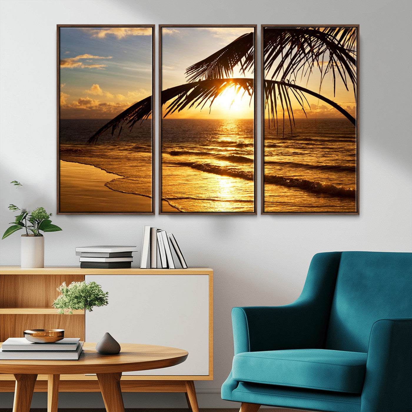 41507-MGV-FC-48X32-3P_Walnut-Golden Tropical Beach Sunset Canvas Triptych, Coastal Palm Tree Wall Art, Ocean Shoreline Giclee