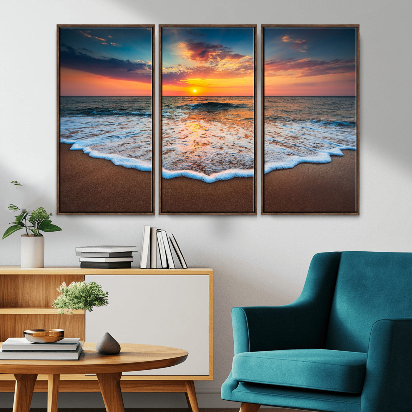 -Sunset Beach Canvas Wall Art – Colorful Ocean Waves Triptych – Coastal Decor for Living Room or