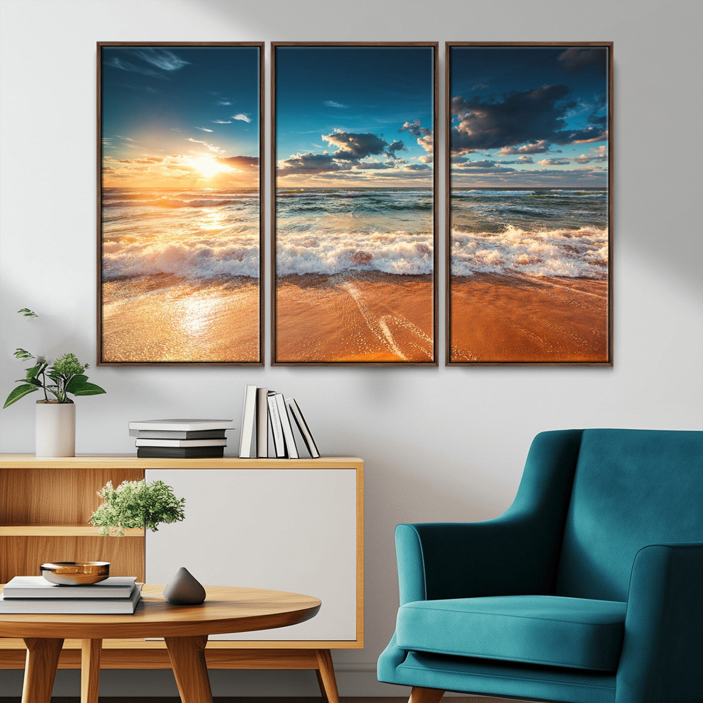 -Golden Sunset Beach Triptych Canvas Art, Giclee Coastal Wall Decor, Ocean Waves Print, Modern Beach