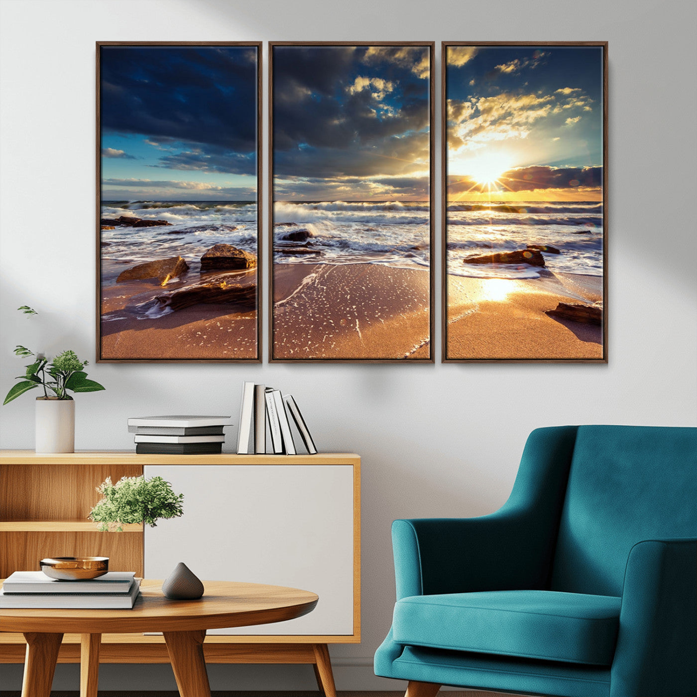 44481-MGV-FC-48X32-3P_Walnut-Golden Hour Beach Sunset Canvas Triptych, Ocean Waves and Rocks Wall Art for Coastal Home Decor