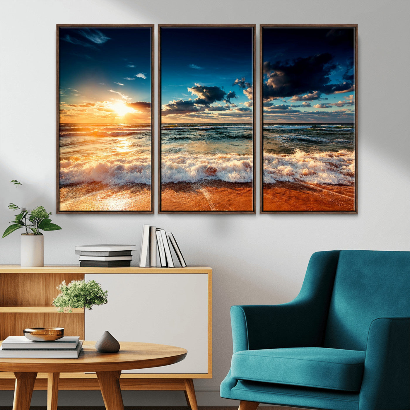 -Golden Hour Sunset Over Ocean Waves Wall Art Canvas Print | 3 Panel Coastal Landscape Canvas Wall