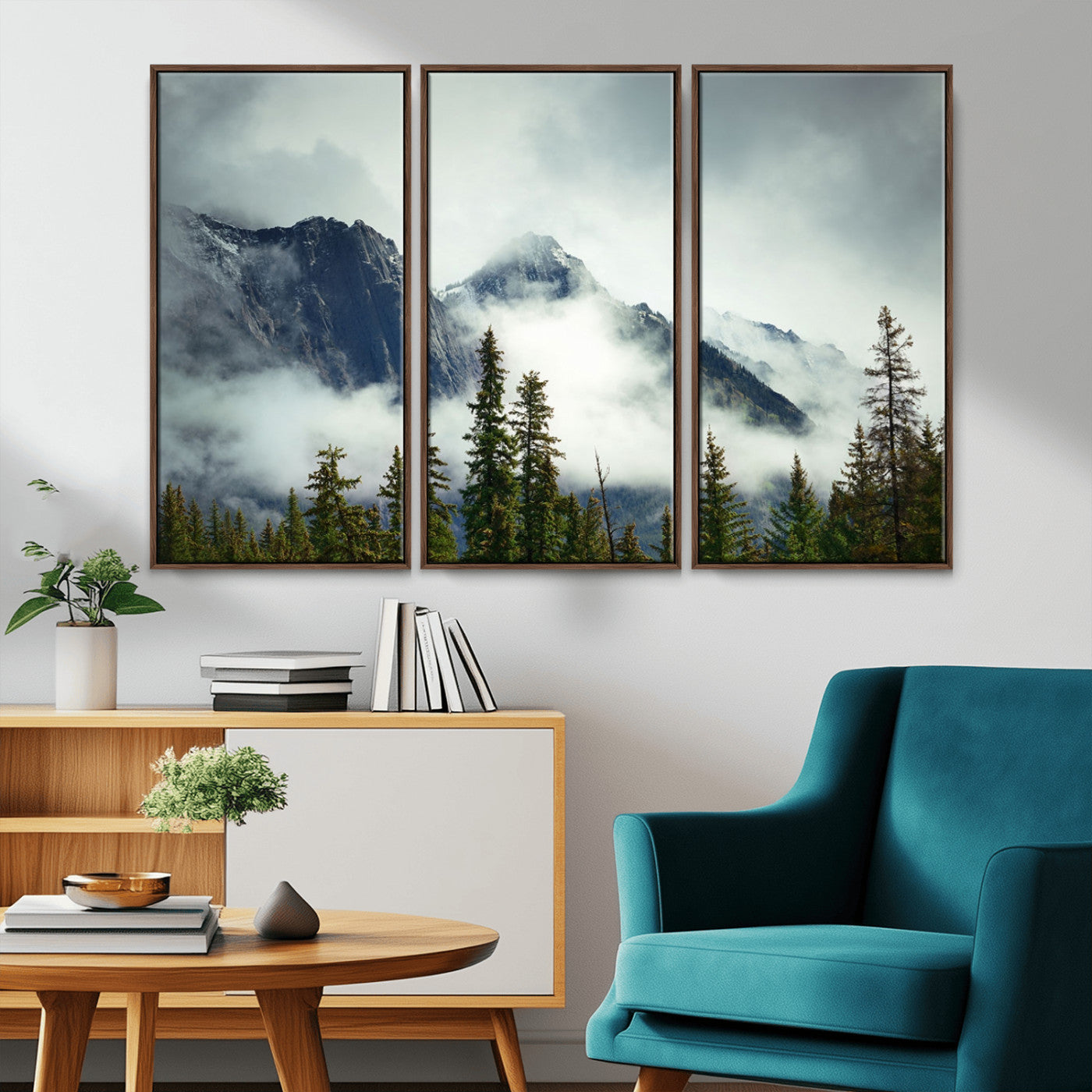 -Mountain Mist Canvas Wall Art Print | 3-Panel Foggy Forest and Mountain Landscape | Large Giclee