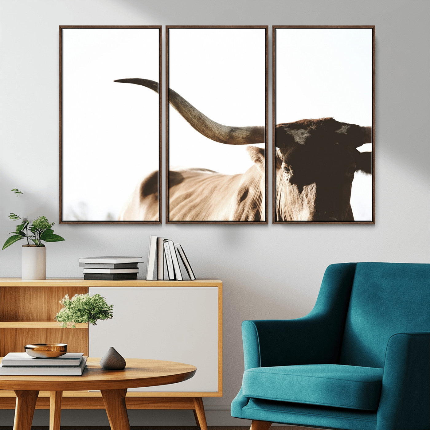 35866-MGV-CV-36X24-Texas Longhorn Wall Art Canvas Print | 3-Panel Large Longhorn Canvas Print for Living Room, Framed