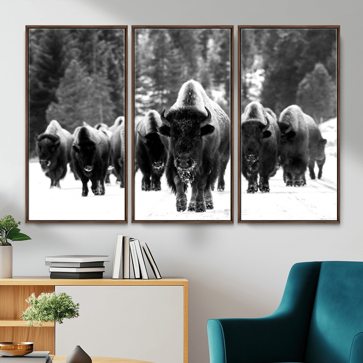 62434-MGV-CV-36X24 - Bison Herd in Snow Wall Art Canvas Print | Rustic Western Bison Wall Art for Decor for Living Room,