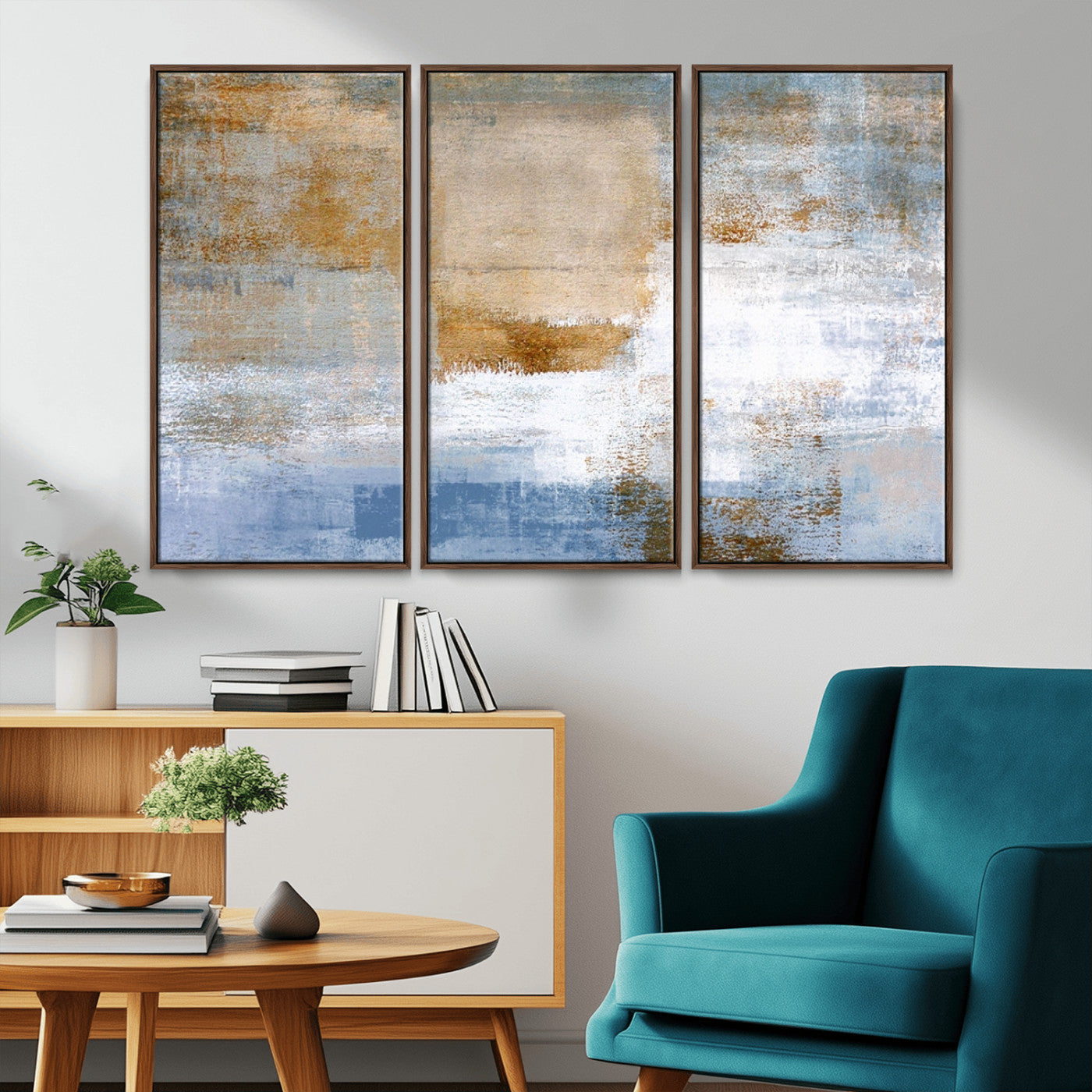 72354-MGV-CV-36X24-Blue Multi Panel Abstract Wall Art Canvas, Abstract Blue and Gold Canvas Print
