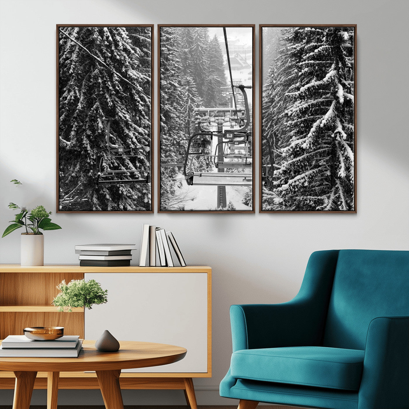19240-MGV-CV-36X24-Winter Ski Lift Black and White Canvas Wall Art – Alpine Escape in Minimalist Style – Winter Ski
