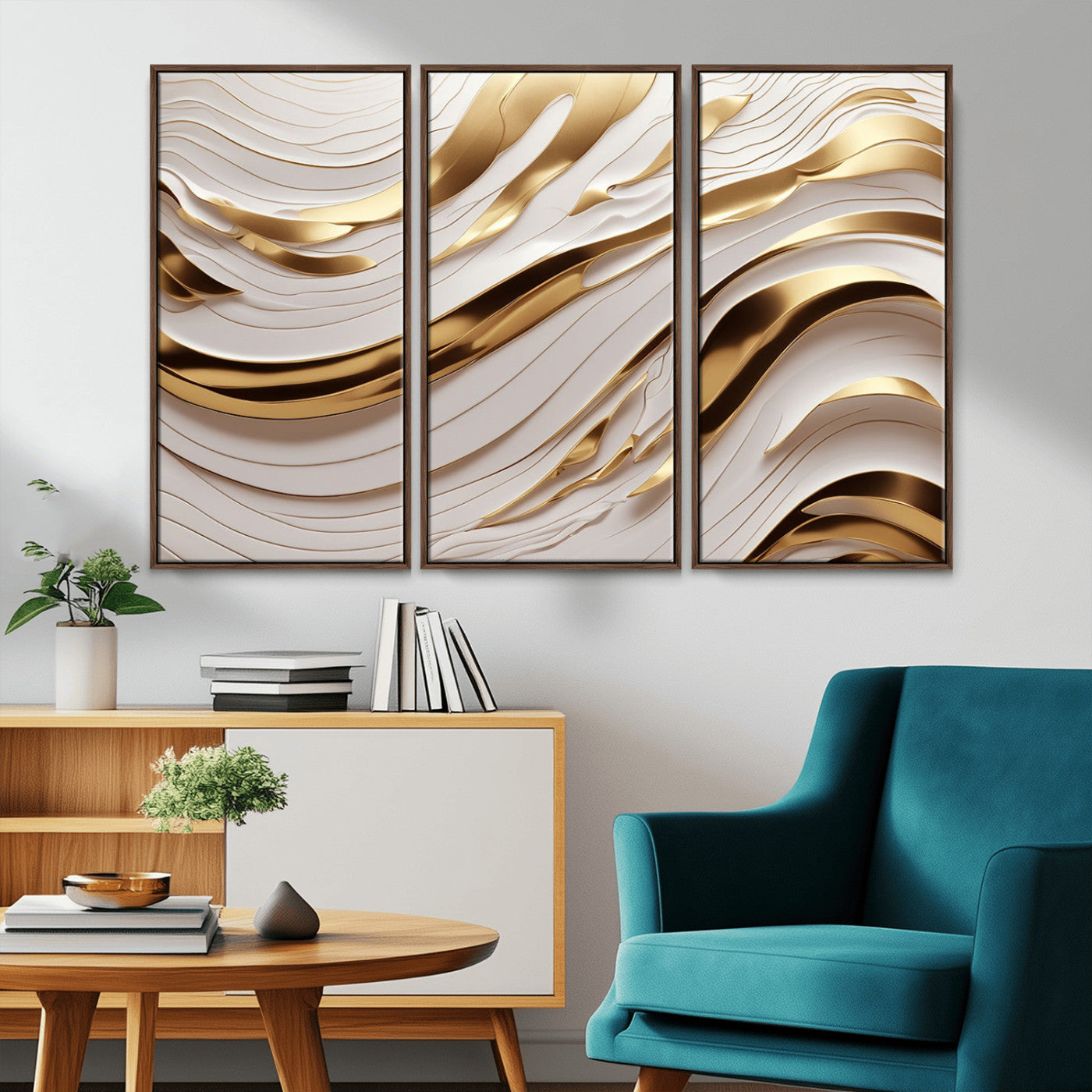 81197-MGV-CV-36X24-Gold and White Abstract Wave Canvas – Elegant Flowing Design with Luxurious Golden Accents –