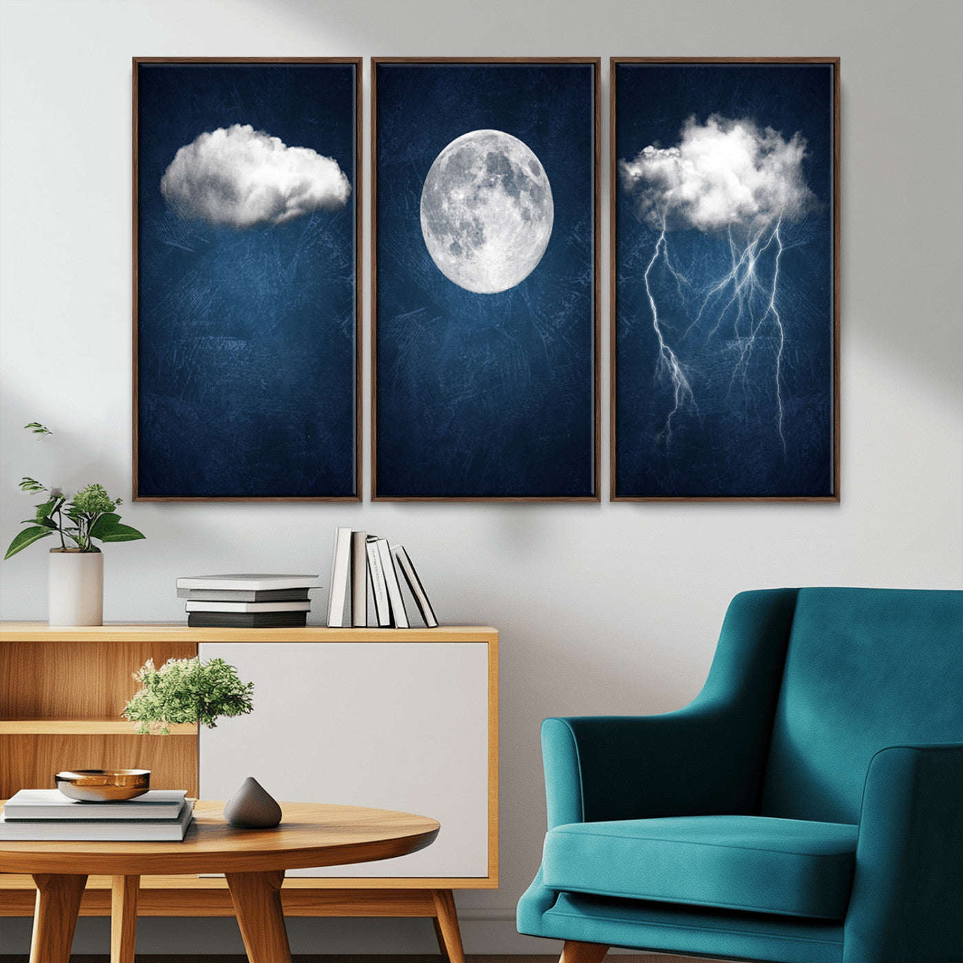 96569-MGV-CV-36X24-Dark Blue Cloud Art, 3 Piece Indigo Blue Wall Art, Aesthetic Surreal Art, Thunderstorm Moon Cloud