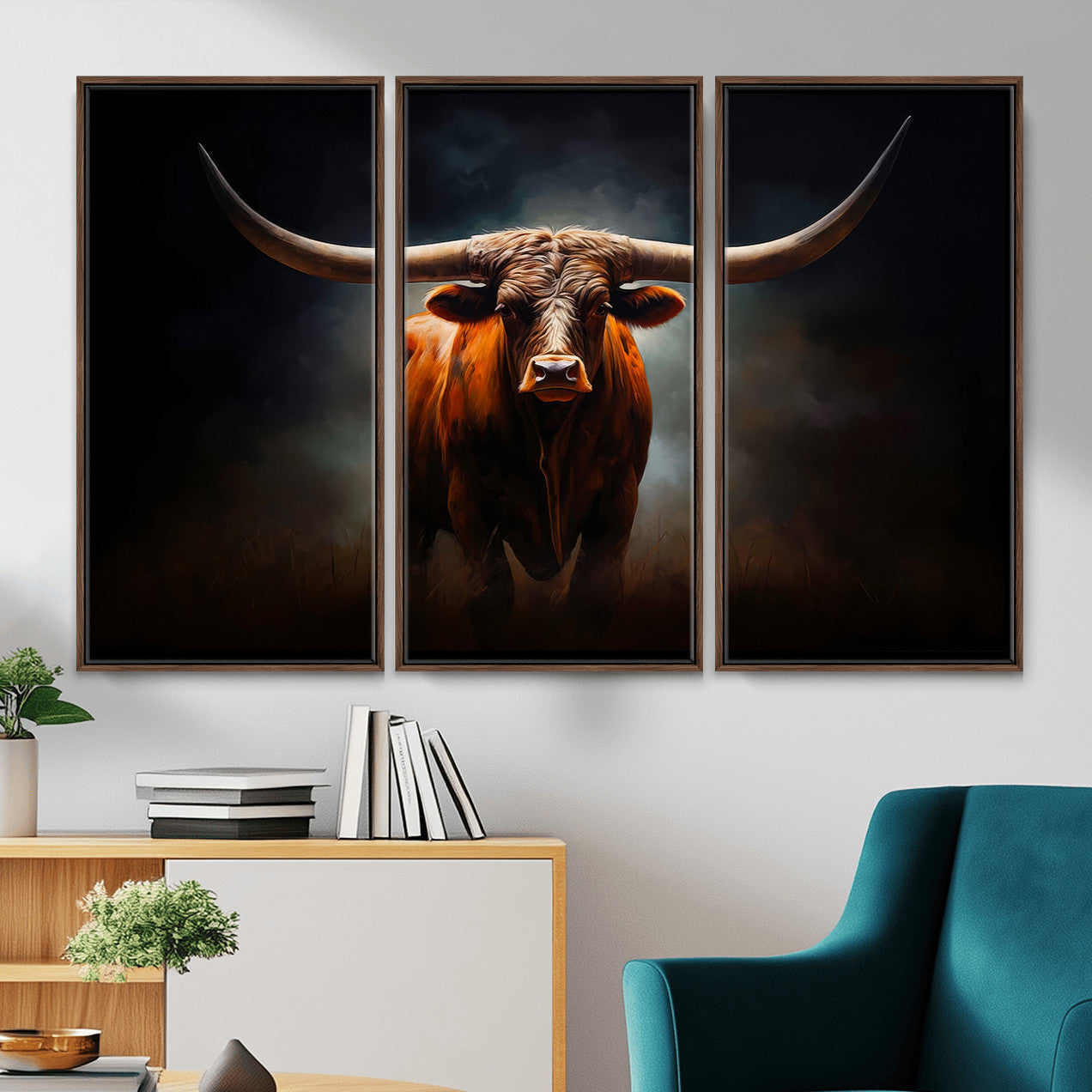 48896-MGV-CV-36X24 - Abstract Texas Longhorn Wall Art Print | 3-Panel Large Texas Longhorn Canvas Print for Living Room,