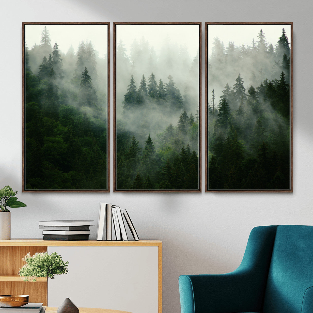167720496-MGV-CV-36X24 - Misty Forest Mountain Wall Art Canvas | Large 3-Panel Foggy Landscape Canvas Print | Nature Misty