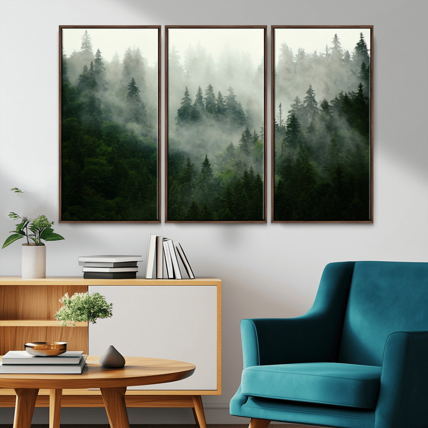167720496-MGV-FC-48X32-3P_Walnut-Misty Forest Wall Art – Tranquil Green Woodland Canvas Print, Nature Landscape Decor for Living Room, Bedroom or Office
